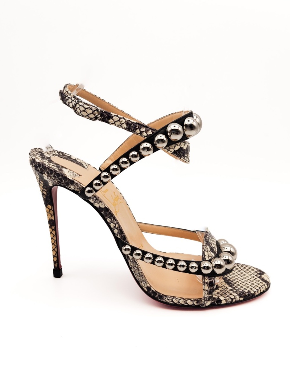 Christian Louboutin Galeria 100 Watersnake Studded Strappy Heels EU 38